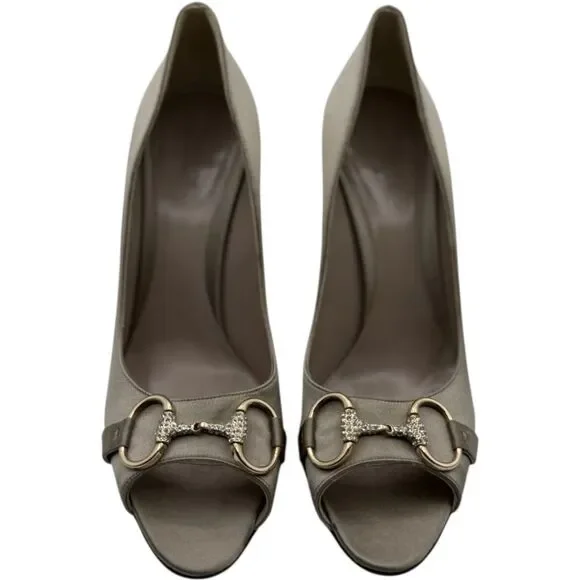 Gucci Satin Horsebit Peep-Toe Pumps with Crystal Detail – Size